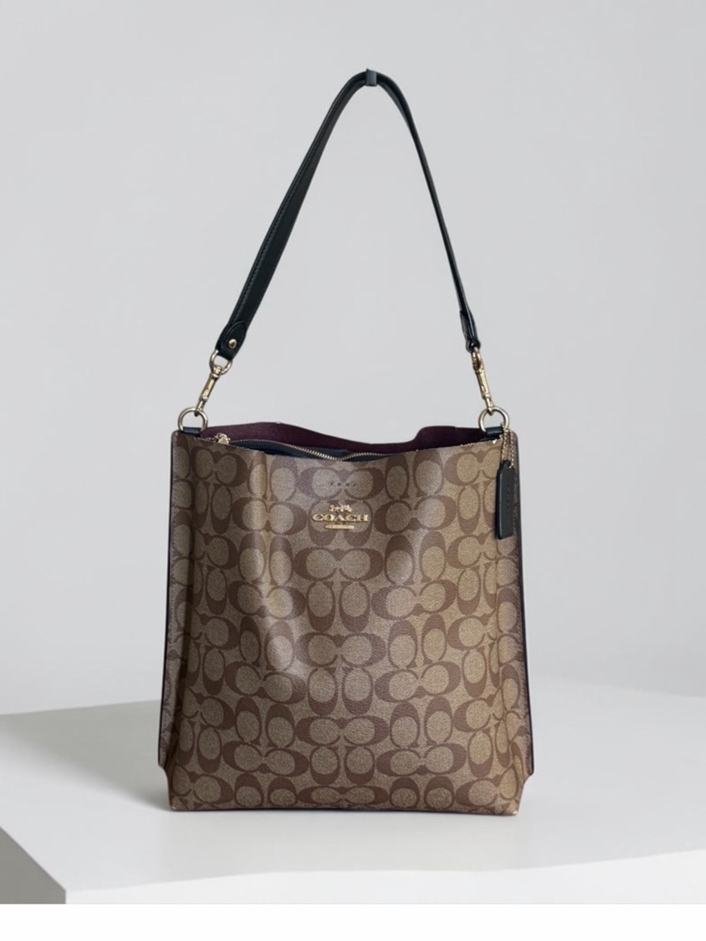 Coach Mollie Signature Canvas Brown Black Shoulder Bucket Bag!